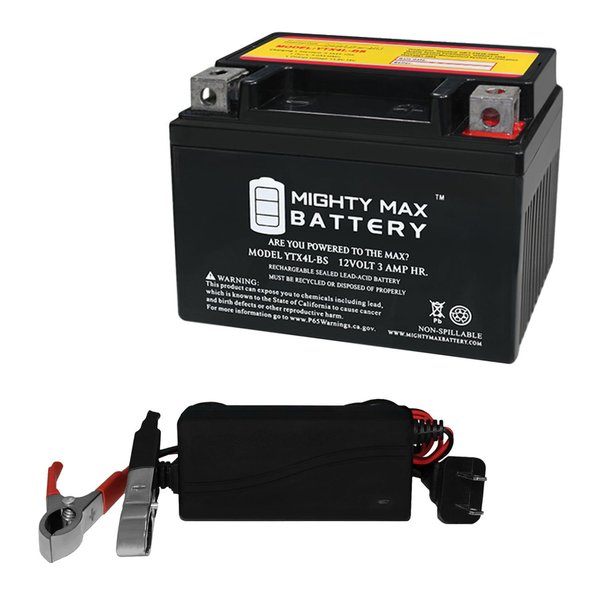 Mighty Max Battery YTX4L-BS Battery for Qianjiang 100 ATV100 All Years With 12V 1Amp Charger MAX3531214